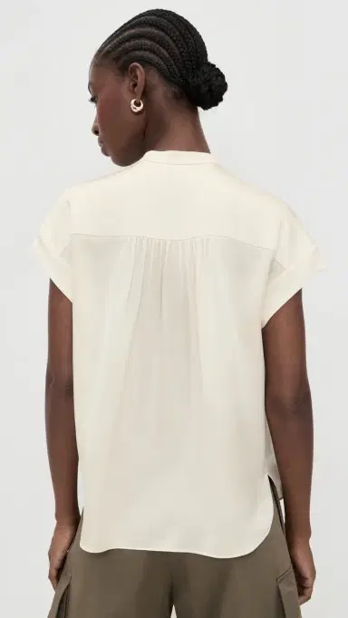 Vince Gathered Neck Cap Sleeve Silk Blouse Crème L | Thumbnail 3 Vince Gathered Neck Cap Sleeve Silk Blouse Crème L | Thumbnail 3