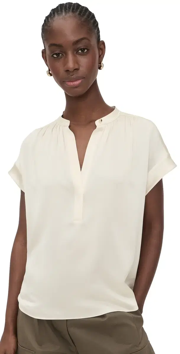 Vince Gathered Neck Cap Sleeve Silk Blouse Crème