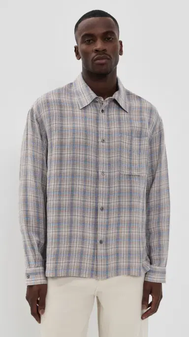 FRAME Linen Blend Plaid Shirt Cream/Blue Plaid | Thumbnail 2 FRAME Linen Blend Plaid Shirt Cream/Blue Plaid | Thumbnail 2