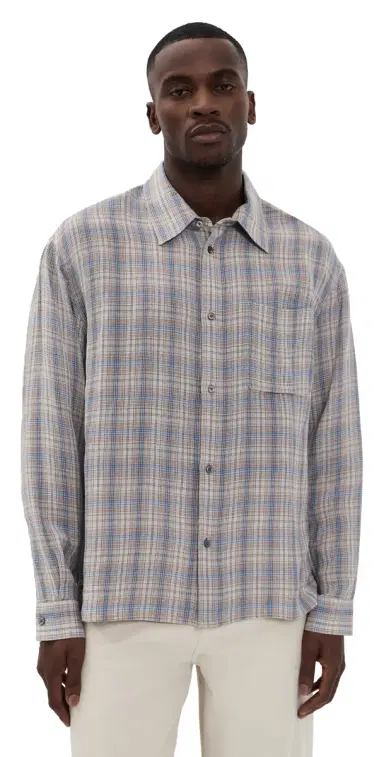 FRAME Linen Blend Plaid Shirt Cream/Blue Plaid | Thumbnail 1 FRAME Linen Blend Plaid Shirt Cream/Blue Plaid | Thumbnail 1