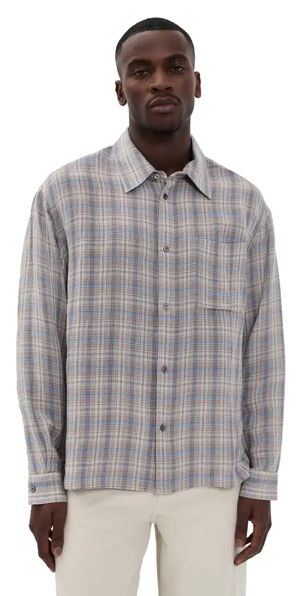 Linen Blend Plaid hirt Cream/Blue Plaid