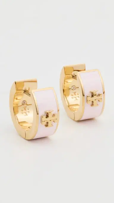 Tory Burch Wide Icon Enamel Huggie Earrings Tory Gold/Pink Snow One Size | Thumbnail 2 Tory Burch Wide Icon Enamel Huggie Earrings Tory Gold/Pink Snow One Size | Thumbnail 2