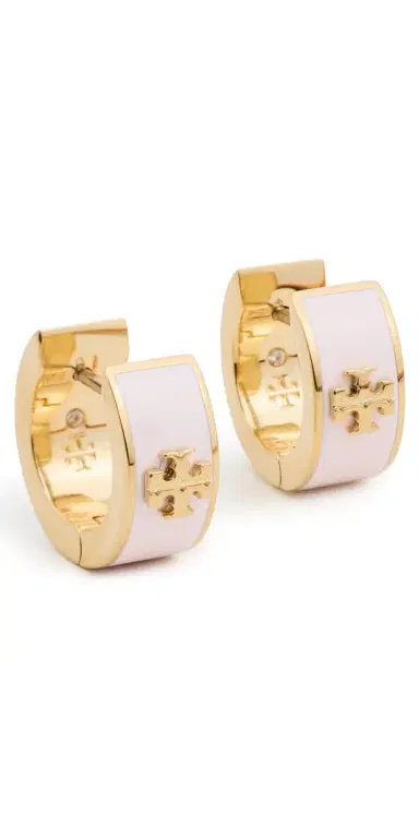 Tory Burch Wide Icon Enamel Huggie Earrings Tory Gold/Pink Snow One Size | Thumbnail 1 Tory Burch Wide Icon Enamel Huggie Earrings Tory Gold/Pink Snow One Size | Thumbnail 1