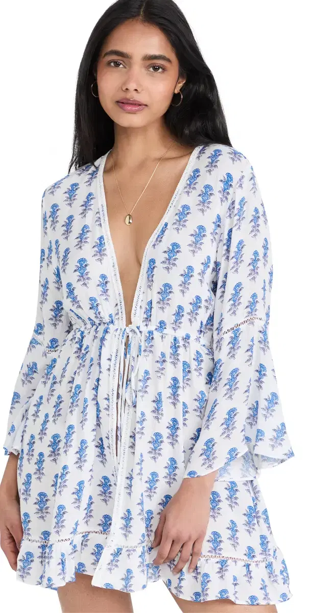 Playa Lucila Mini Border Print Kimono Coverup Dress Blue Border Print