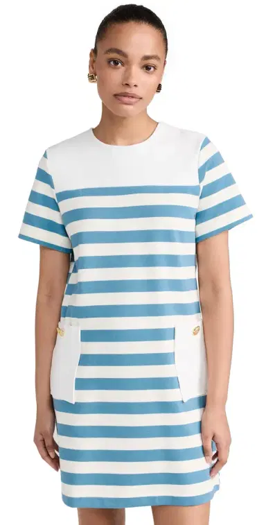 English Factory Striped Dress with Patch Pockets White/Blue | Thumbnail 1 English Factory Striped Dress with Patch Pockets White/Blue | Thumbnail 1