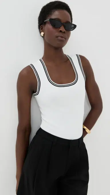 LE BOP Ringer Square Neck Tank Bodysuit White & Black | Thumbnail 2 LE BOP Ringer Square Neck Tank Bodysuit White & Black | Thumbnail 2