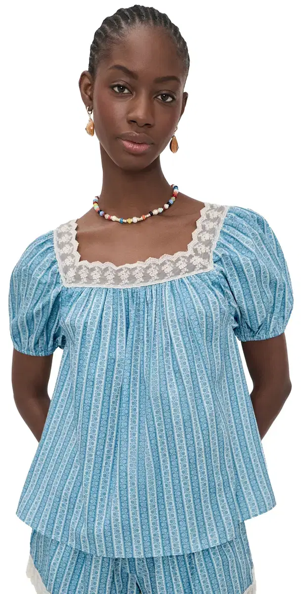 Eleanor Blouse Blue Floral Stripe