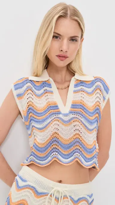 MINKPINK Leone Crochet Cropped Polo Top Jacaranda/Peach Stripe | Thumbnail 2 MINKPINK Leone Crochet Cropped Polo Top Jacaranda/Peach Stripe | Thumbnail 2
