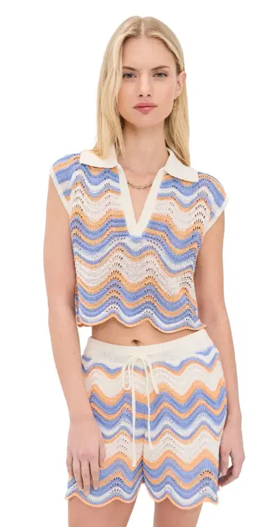 MINKPINK Leone Crochet Cropped Polo Top Jacaranda/Peach Stripe | Thumbnail 1 MINKPINK Leone Crochet Cropped Polo Top Jacaranda/Peach Stripe | Thumbnail 1