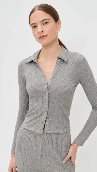 LE BOP Mia Ribbed Cardigan Heather Grey | Thumbnail 2