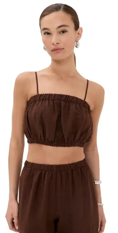 LE BOP Camille Cropped Linen Top Chocolate L | Thumbnail 1