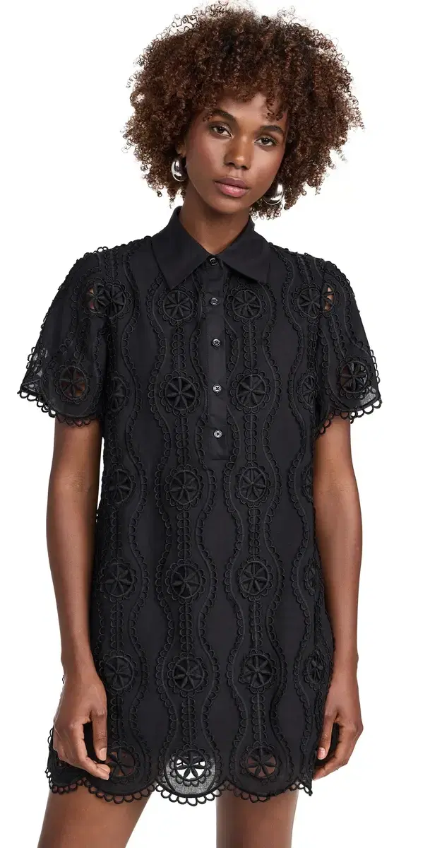 callop Embroidered Cotton Mini hirt Dress Black