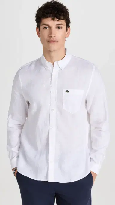 Lacoste Regular Fit Linen Casual Button Down hirt White | Thumbnail 2 Lacoste Regular Fit Linen Casual Button Down hirt White | Thumbnail 2