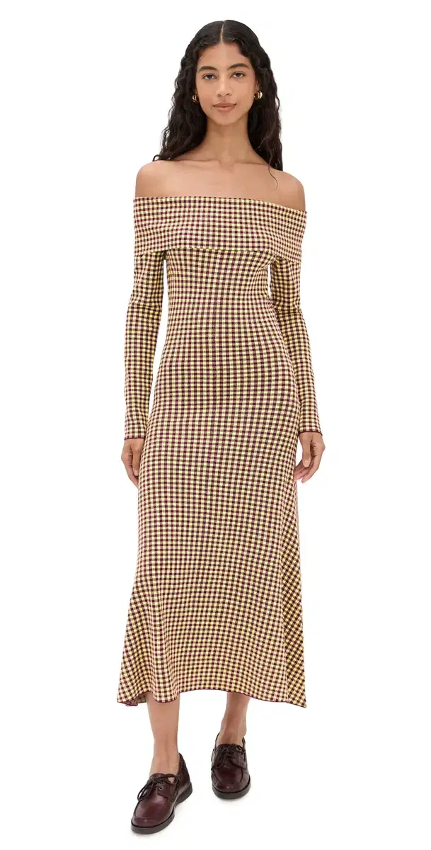 LE BOP Gingham Knit Off houlder Dress Burgundy/Citrine