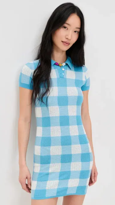 Guest In Residence Gingham Polo Dress Swimming Pool/Cream | Thumbnail 2