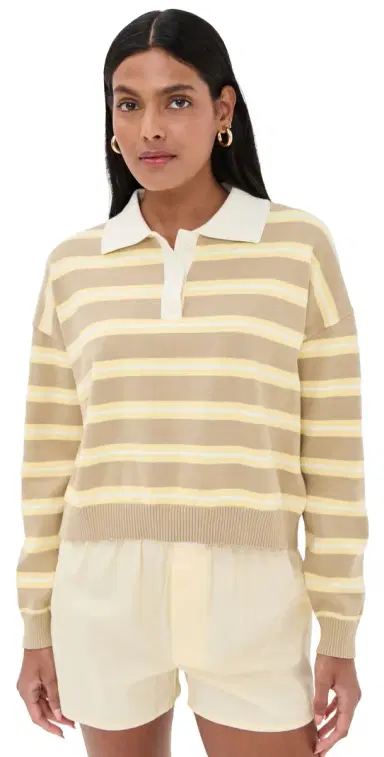 LE BOP Zadie Crop Polo Almond Stripe | Thumbnail 1 LE BOP Zadie Crop Polo Almond Stripe | Thumbnail 1