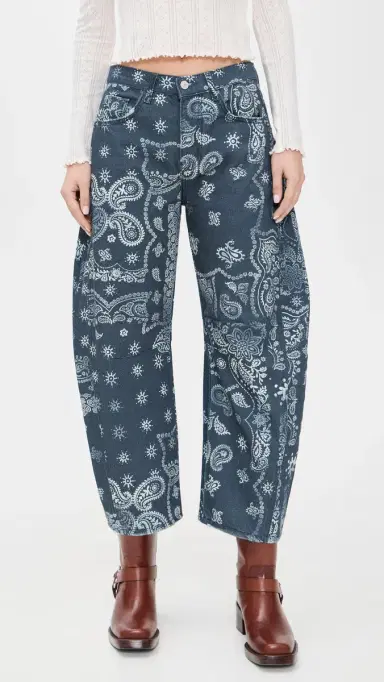 Free People Good Luck Printed Barrel Jeans Navy Bandana | Thumbnail 2