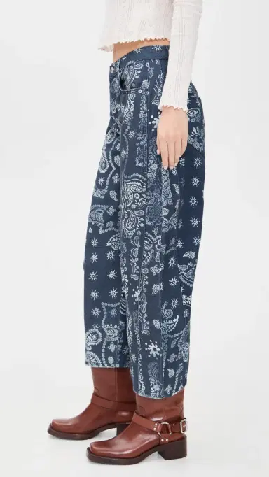 Free People Good Luck Printed Barrel Jeans Navy Bandana | Thumbnail 4