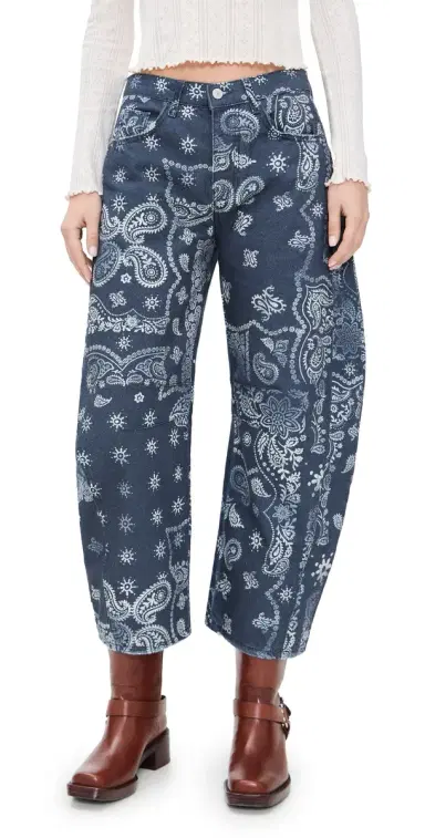 Free People Good Luck Printed Barrel Jeans Navy Bandana | Thumbnail 1