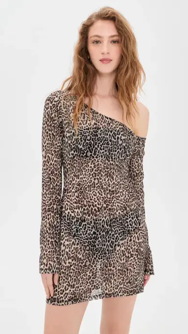 Good American Asymmetric esh Mini Coverup Dress lucky leopard001 | Thumbnail 2