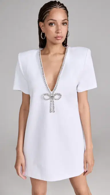 AREA Crystal Bow V Neck T-Shirt Dress White | Thumbnail 2 AREA Crystal Bow V Neck T-Shirt Dress White | Thumbnail 2