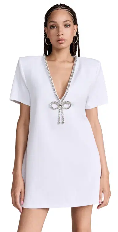 AREA Crystal Bow V Neck T-Shirt Dress White | Thumbnail 1 AREA Crystal Bow V Neck T-Shirt Dress White | Thumbnail 1