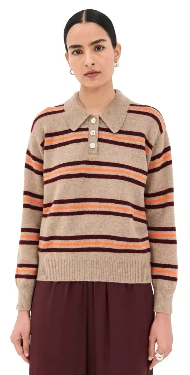 Daughter & Edith Stripe Polo Sweater Dark Natural Stripe | Thumbnail 1 Daughter & Edith Stripe Polo Sweater Dark Natural Stripe | Thumbnail 1