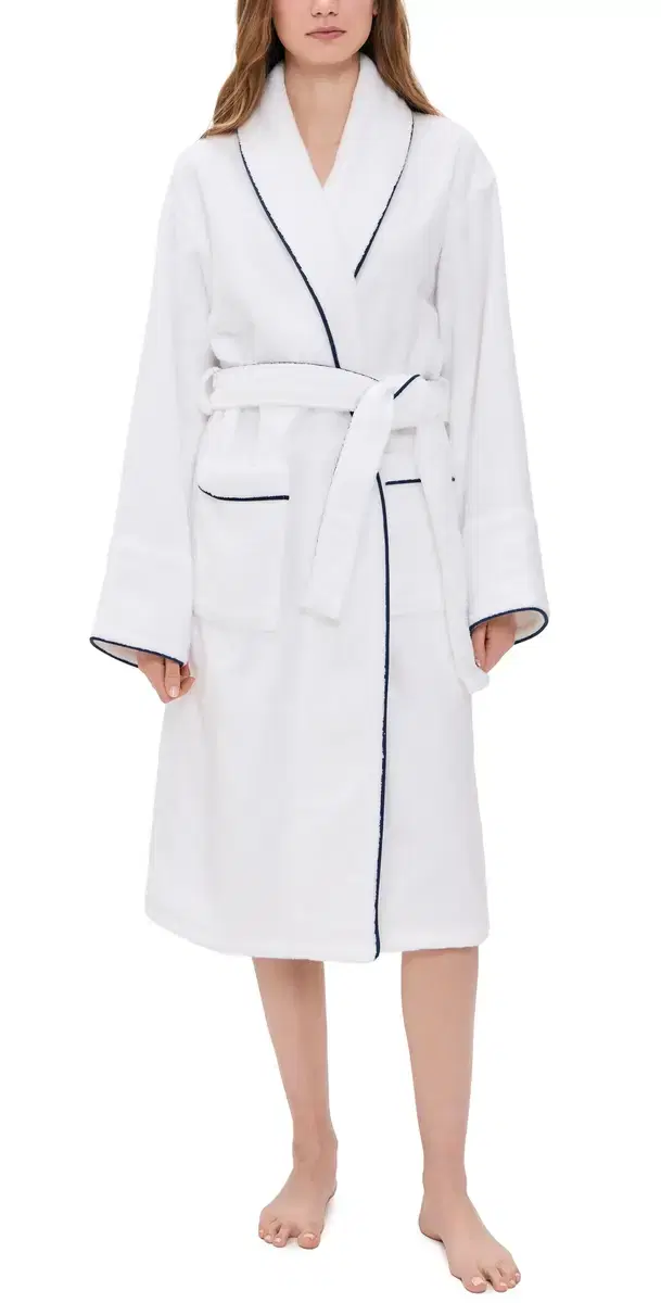 Unisex Luxe Terry Robe in White with Navy Piping White