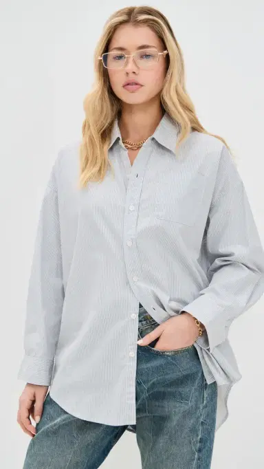 R13 Drop Neck Oxford Shirt Blue/White Pinstripe | Thumbnail 2