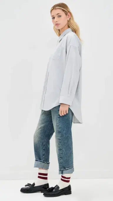 R13 Drop Neck Oxford Shirt Blue/White Pinstripe | Thumbnail 4
