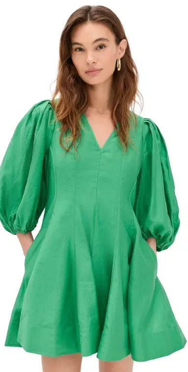 English Factory Puff Sleeve Flare Mini Dress Green | Thumbnail 1
