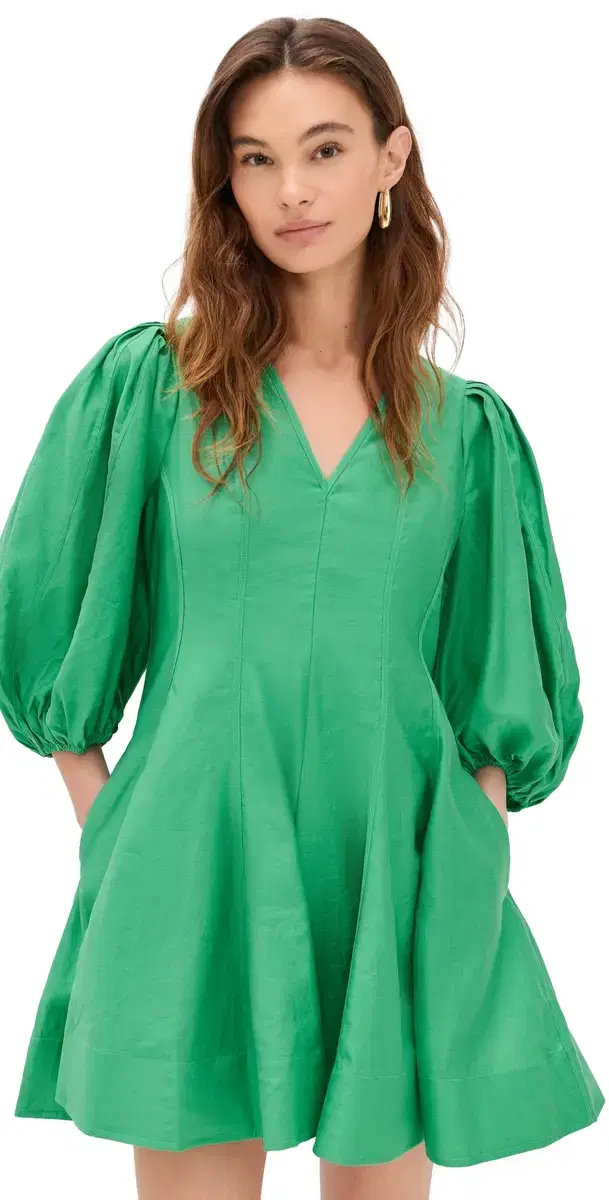 Puff leeve Flare Mini Dress Green