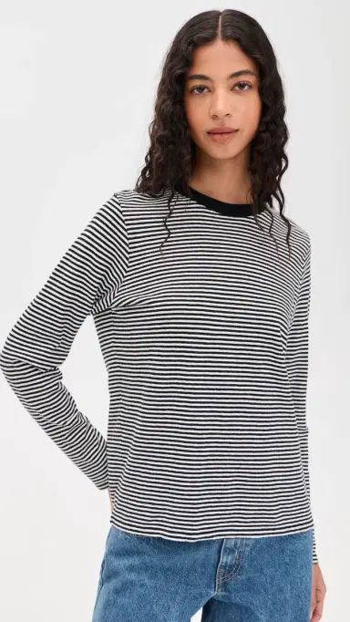 Clare V. Mini Stripe ong Sleeve Tee Black/Cream | Thumbnail 2