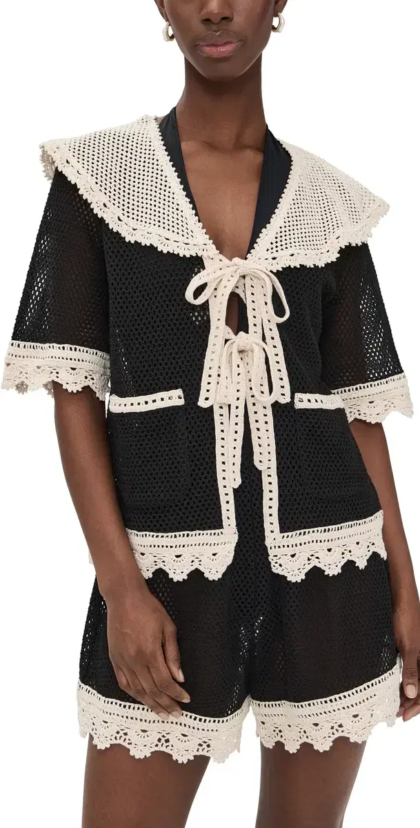 Kendall Crochet Tie Front Top Black
