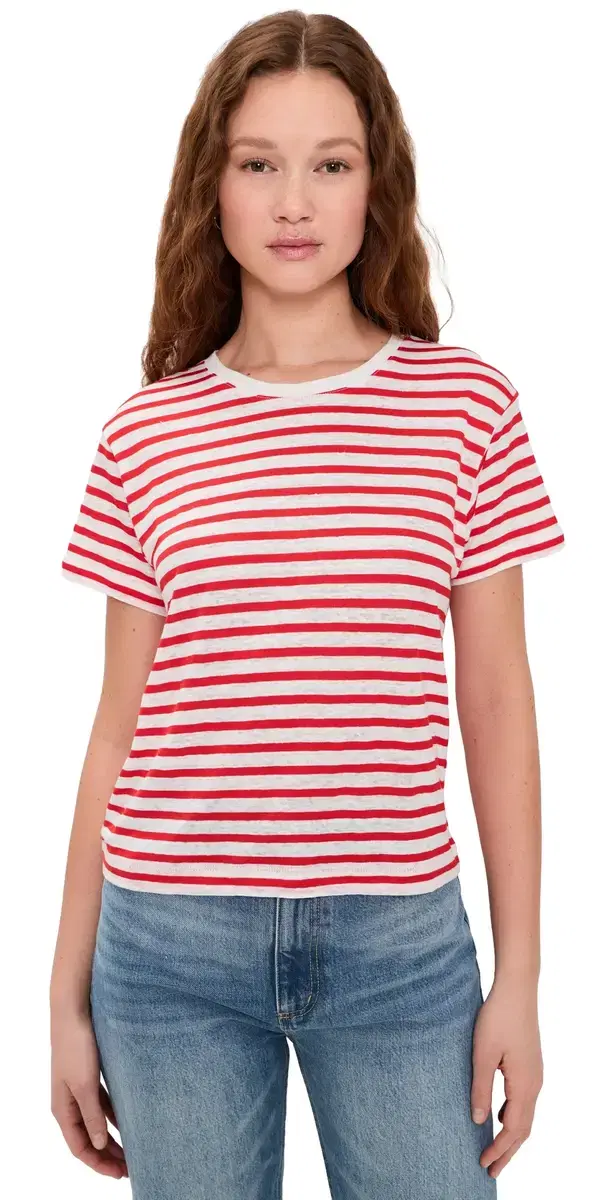 Garcon triped Tee In Linen Cotton Off White/Tomato