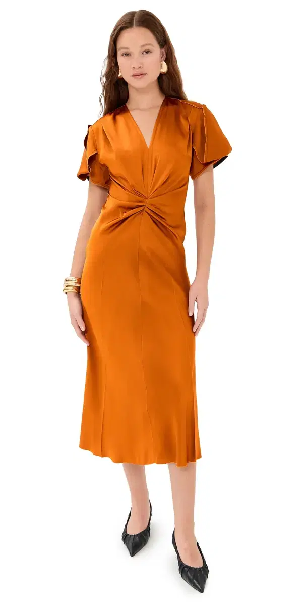 Victoria Beckham Gathered V Neck Midi Dress Bronze