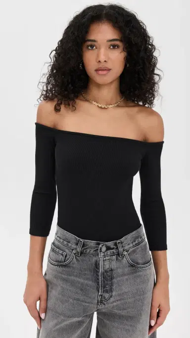 L'Agence Evelyn Off Shoulder Thong Bodysuit Black M | Thumbnail 2