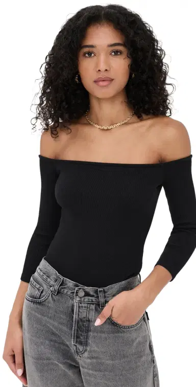 L'Agence Evelyn Off Shoulder Thong Bodysuit Black M | Thumbnail 1