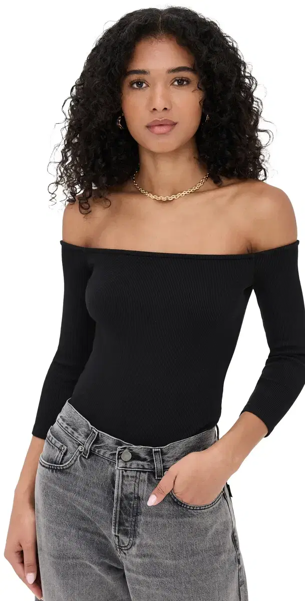 L'AGENCE Evelyn Off Shoulder Thong Bodysuit Black
