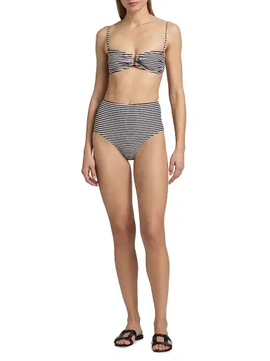 Nili Lotan Women's Stripe High-Waist Bikini Bottom - Black Ivory Stripe - Size Large | Thumbnail 2