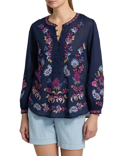 Johnny Was Women's Kesia Cotton Field Henley Blouse | Thumbnail 3