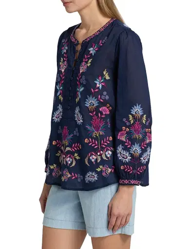 Johnny Was Women's Kesia Cotton Field Henley Blouse | Thumbnail 4