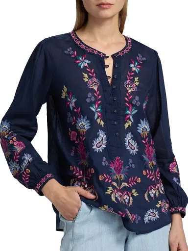 Johnny Was Women's Kesia Cotton Field Henley Blouse | Thumbnail 6