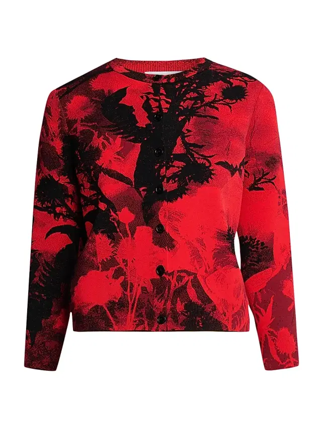 Women's London Flowers Jacquard Cardigan - Red Black