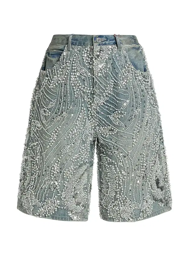Men's Embellished Wide-Leg Denim Shorts - Light Indigo