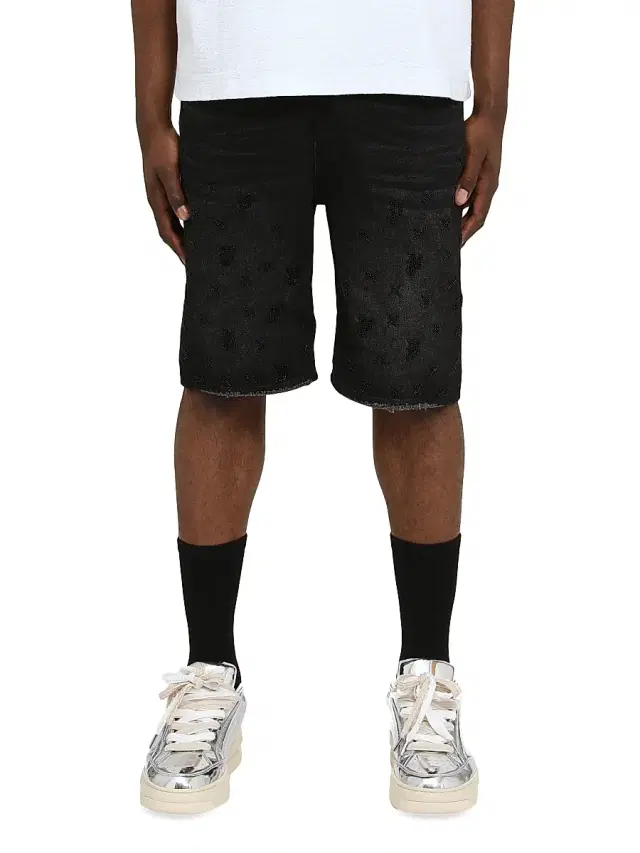 Men's Beaded Monogram Denim Shorts - Black