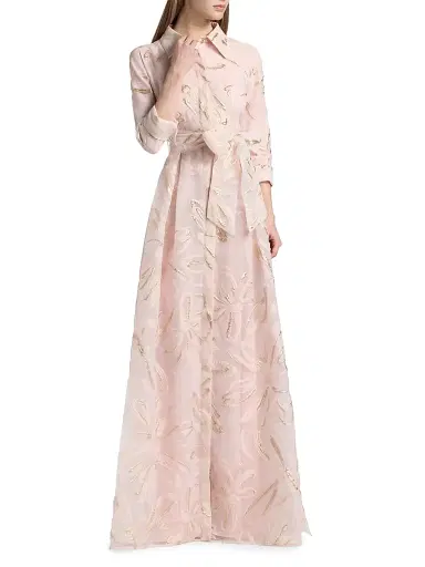 Teri Jon by Rickie Freeman Women's Metallic Organza Jacquard Shirtwaist Gown - Blush Gold - Size 14 | Thumbnail 2