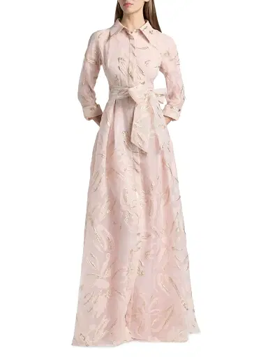 Teri Jon by Rickie Freeman Women's Metallic Organza Jacquard Shirtwaist Gown - Blush Gold - Size 14 | Thumbnail 3