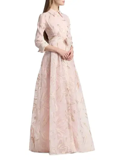 Teri Jon by Rickie Freeman Women's Metallic Organza Jacquard Shirtwaist Gown - Blush Gold - Size 14 | Thumbnail 4
