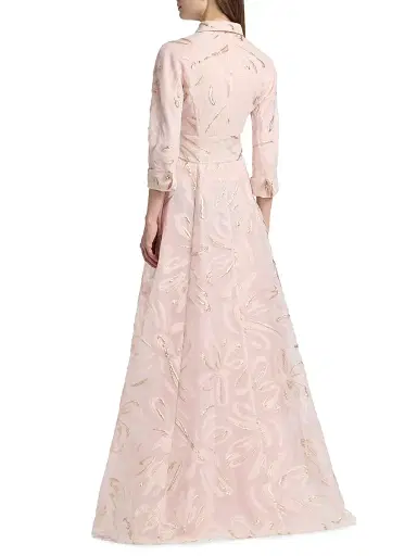 Teri Jon by Rickie Freeman Women's Metallic Organza Jacquard Shirtwaist Gown - Blush Gold - Size 14 | Thumbnail 5